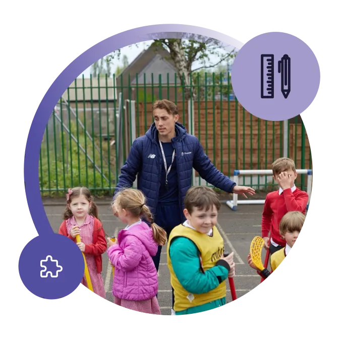 Teacher outdoors with a group of primary pupils